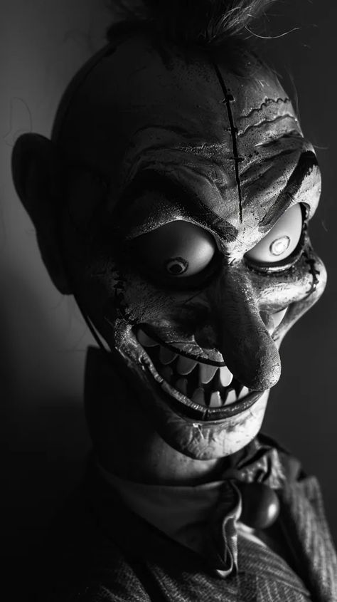 Midjourney AI Image: black and white photo of an evil dummy with a sinister grin, scary and unsettling, chiaroscuro light... → more in ai-img-gen.com Creepy Clown Art, Scary Clown Face, Halloween Black And White, Evil Face, Scary Photos, Bulging Eyes, Clown Horror, Dark Evil, Nightmares Art