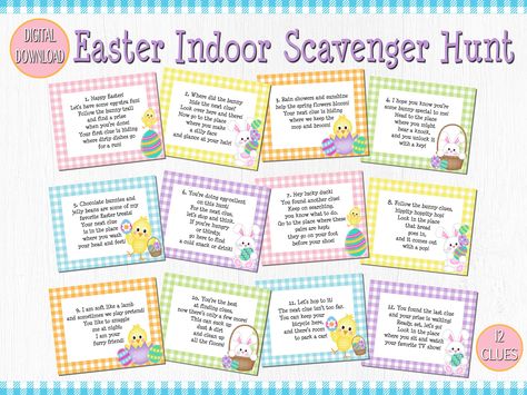 Easter Indoor Scavenger Hunt, Printable Easter Treasure Hunt, Easter Quarantine Scavenger Hunt Easter Basket Hunt, Easter Scavenger Hunt Clues, Egg Hunt Clues, Easter Egg Scavenger Hunt, Easter Egg Hunt Clues, Easter Treasure Hunt, Indoor Scavenger Hunt, Colorful Backyard, Easter Egg Hunt Ideas