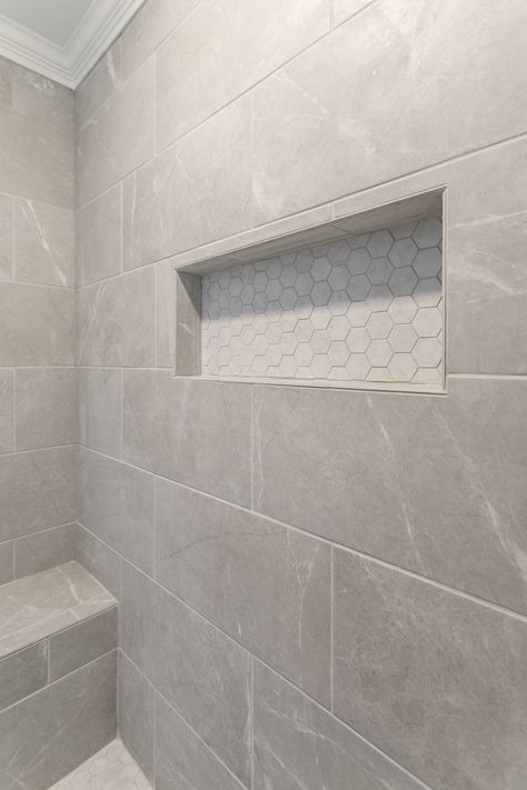 Small Master Shower Tile Ideas, Bathroom Shower Tile Ideas Recessed Shelves, Tile Shower Ideas Walk In Farmhouse, Small Bathroom Floors Ideas Tile, Master Bath Showers Walk In, Master Bath Shower Tile Wall, Fabric Look Tile Bathroom, Vertical Subway Tile Small Bathroom, Affinity Tile Bathroom