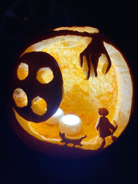 #coraline #halloween #pumpkin #pumpkincarving Paint And Carve Pumpkin Ideas, Pumpkin Carving Ideas For Wide Pumpkins, Pumpkin Carving Coraline Ideas, Pumpkin Painting Ideas Horror Movie, 2023 Pumpkin Painting, Vampire Carved Pumpkin, Pumpkin Carving Ideas Grunge, Disney Inspired Pumpkin Carvings, Edna Mode Pumpkin