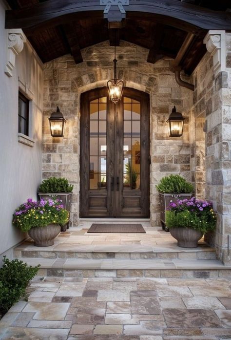 Stone Sidewalk, Exterior Entryway Ideas, Mediterranean Homes Exterior, Tuscan Style Homes, Transitional Exterior, Hacienda Style Homes, Beautiful Front Doors, Hill Country Homes, Tuscan House