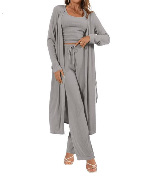 PRICES MAY VARY. 3 piece lounge set： This 3-piece pajamas for women includes a tank top, drawstring pants with pockets, and a long cardigan jacket. Features: Women's 3-piece home suit, casual pleated vest and long cardigan coat show off your figure perfectly. Women's loose-fitting high-waisted pants come with an elastic belt and drawstring for comfortable adjustment. Women's loungewear ensures that everything complements each other perfectly. Style: Women's 3-piece set for women to go out to cre Casual Pajamas For Women, Nice Pajamas For Women, 3 Piece Lounge Set Outfit, Maternity Lounge Set, 3 Piece Womens Outfit, Lounge Wear For Women, Postpartum Lounge Set, Women’s Loungewear, Cute Comfy Pajamas