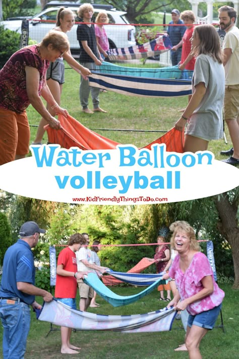 water balloon volleyball Summer Water Games For Teens, Summer Family Olympic Games, Last Day Of Summer Camp Activities, Messy Camp Games, Diy Field Day Games, Family Olympics Ideas, Volleyball Bonding Ideas, Family Summer Games, Outdoor Water Games For Teens