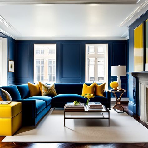 17 Colors That Go with Yellow for Interior Design 20 Blue And Yellow Interior, Blue Yellow Living Room, Yellow Chaise, Blue And Yellow Living Room, Interior Design 2024, Navy Living Rooms, Yellow Living Room, Home Decor Colors, Yellow Accessories