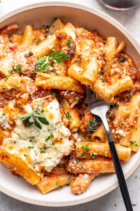 Baked Ziti With Chicken Sausage, Well Seasoned Studio, Pasta Italian Sausage Recipes, Sunday Dinner Ideas Pasta, Baked Ziti For 2, Baked Ziti With Sausage And Ricotta, Ricotta Baked Ziti, Dinners To Cook Together Romantic, High Protein Baked Ziti