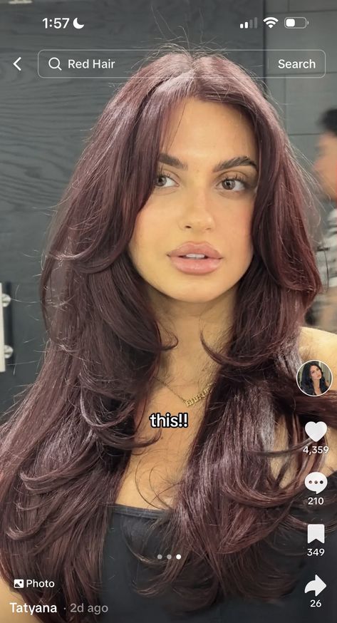 Long Burgundy Hair With Layers, Raspberry Chocolate Hair Color, Cherry Chocolate Hair Black Women, Raspberry Truffle Hair Color, Truffle Raspberry Hair, Cola Hair Color Brown, Chocolate Cherry Red Hair, Burgundy Hair With Curtain Bangs, Brown Wine Hair Color