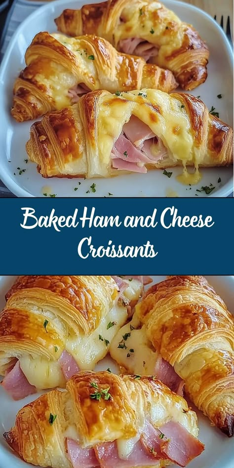 These Baked Ham and Cheese Croissants are a delightful combination of buttery, flaky pastry filled with savory ham and melted cheese. Perfect for breakfast, brunch, or a quick snack, they offer a satisfying and indulgent treat that's easy to prepare. Picky Breakfast Ideas, Quick Easy Breakfast Ideas For A Group, Homemade Breakfast Baked Goods, Finger Food For Breakfast, March Brunch Ideas, Simple Sweet Breakfast Ideas, Husband Breakfast Ideas To Work, Easy Brunch Ideas For Two, Ham And Cheese Breakfast Croissant