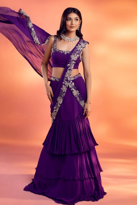 Buy Purple Luxury Heavy Georgette Plain Sweetheart Neck Melete Pleated Details Gown For Women by Zosia Online at Aza Fashions. Drape Lehenga, Sari Lehenga, Lehenga Designs Simple, Gaun Fashion, Saree Designs Party Wear, Indian Dresses Traditional, Traditional Indian Outfits, Indian Gowns, Indian Bridal Outfits