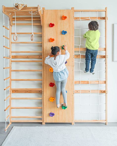 Indoor Wooden Swedish Ladder Wall Gym Set, Rock Climbing, Trapeze, Pullup Bars, Swing, Rope Climb, Net Climber, Convertible Slide Indoor Montessori Waldorf Playground Gymnasticsffor Kids, Teens and Adults. Wall Gym, Bar Ladder, Swedish Ladder, Indoor Jungle Gym, Energy Kids, Ideas Habitaciones, Indoor Slides, Kids Climbing, Indoor Gym