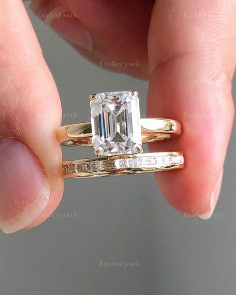 3 CT Emerald Diamond Moissanite Engagement Ring Set 10K/14K Gold Emerald Cut Solitaire Ring Baguette Diamond Ring Set Anniversary Ring Set 𓆩⟡𓆪 ------------------------------------------- 𓆩⟡𓆪 Product Description : » Main Stone Material : (CZ: Simulated Diamond, M: Moissanite Diamond) » Center Stone: Emerald Cut. » Stone Size: 10*8 MM Approx.          » Carat weight: 3.00 CT Approx. » Side Stone: Round  » Color: Colorless » Clarity: VVS1 » Total Carat Weight: 4.30 CTW Approx.   (Size And Carat Emerald Cut Solitaire Ring, Emerald Colour, Emerald Cut Solitaire, Dream Wedding Ring, Moissanite Engagement Ring Set, Cute Engagement Rings, Future Engagement Rings, Emerald Cut Engagement, Ring Bezel