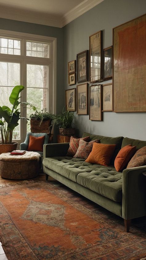 Vintage Living Room Inspo: A Nostalgic Look Brown Sofa Styling, Small Colourful Living Room, Cozy Sofa Living Room, Green Couch Living Room, Living Room Stairs, Living Room Colour Schemes, Couch Black, House Magic, Green Sofa Living Room