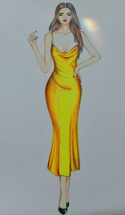 Yellow Fashion Illustration, Satin Gown Illustration, Satin Dress Illustration Sketch, How To Draw Satin Fabric, Satin Dresses Drawing, Satin Effect Fashion Illustration, Satin Illustration Fashion, Satin Dress Sketch, Yellow Dress Illustration