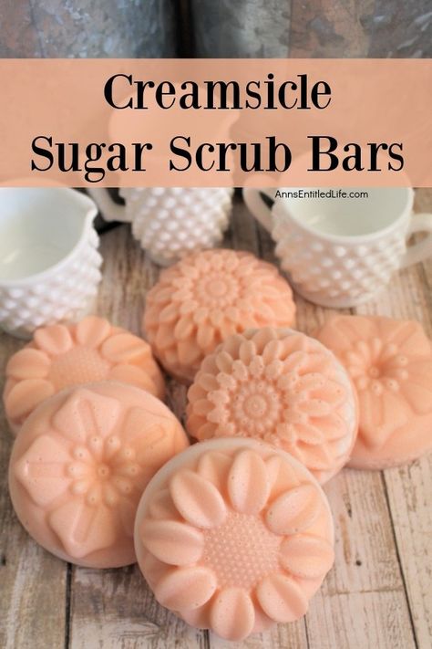 Creamsicle Sugar Scrub Bars. This easy sugar scrub recipe is a convenient body scrub as it is soap based. Made with natural ingredients, this sugar scrub soap makes great hostess gifts, Christmas presents, or keep for personal use! It is easier than you think to make a homemade body scrub, so follow these simple step-by-step to make creamsicle sugar scrub bars. Homemade Scrubs Recipes, Body Scrub Bars Diy, Body Scrub Bar, Diy Spa Stuff, Best Sugar Scrub Recipe, Body Sugar Scrub Diy Recipes, Soap Scrub Recipe, Soap Making Designs Ideas, Sugar Scrub Bars Diy