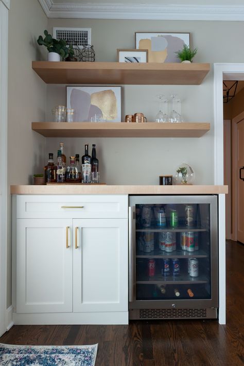 White Dry Bar With Floating Shelves, Small Dry Bar With Floating Shelves, Built In Dry Bar With Floating Shelves, Mini Fridge Living Room Bar Ideas, Kitchenette With Floating Shelves, Drink Ledge Basement, Bar Floating Shelves Decor, Butcher Block Dry Bar, Built In Bar Shelves