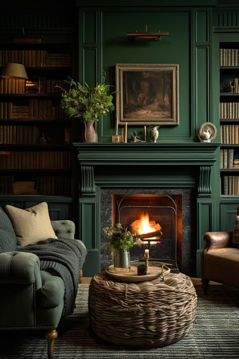 Dark green is the perfect colour for a living room, especially if you have a working fireplace. It envelopes the room like a warm hug with its rich and soothing hues. #darkgreen #darkgreenlivingroom #livingroom Cosy Living Room Design, Dark Green Rooms, Green Walls Living Room, Dark Green Living Room, Cabin Room, Moody Living Room, Green Living Room Decor, Victorian Living Room, Dark Living Rooms