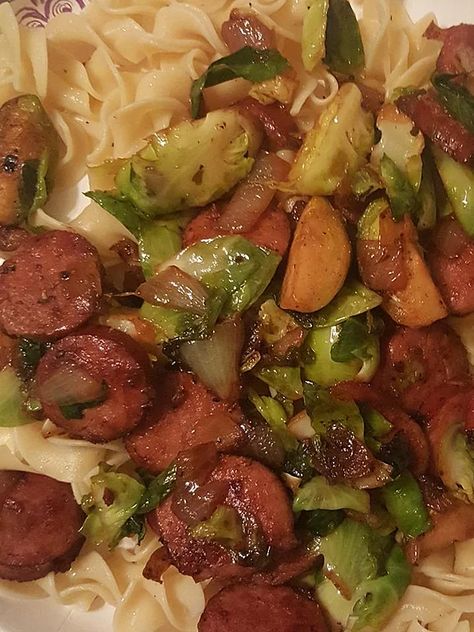 Kielbasa with Brussels Sprouts Recipe | Allrecipes Recipes With Kielbasa Healthy, Easy Healthy Kielbasa Recipes, Whole 30 Kielbasa Recipe, Brussels Sprouts And Kielbasa, Sausage Brussel Sprouts, Kielbasa Veggie Skillet, Andouille Sausage Brussel Sprouts, Kielbasa Recipes, Chicken Apple Sausage