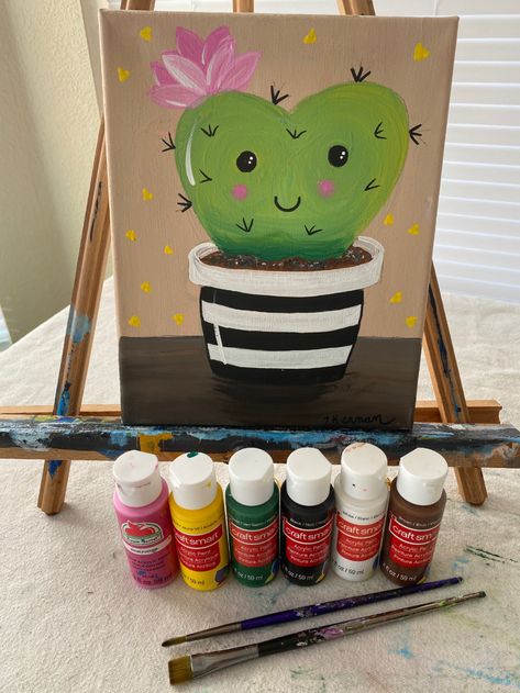 Canvas Art Painting Ideas, Sunflower Tutorial, Heart Cactus, Art Mini Toile, Kids Canvas Painting, Succulent Painting, Kids Canvas Art, Rock Painting Tutorial, Art Painting Ideas