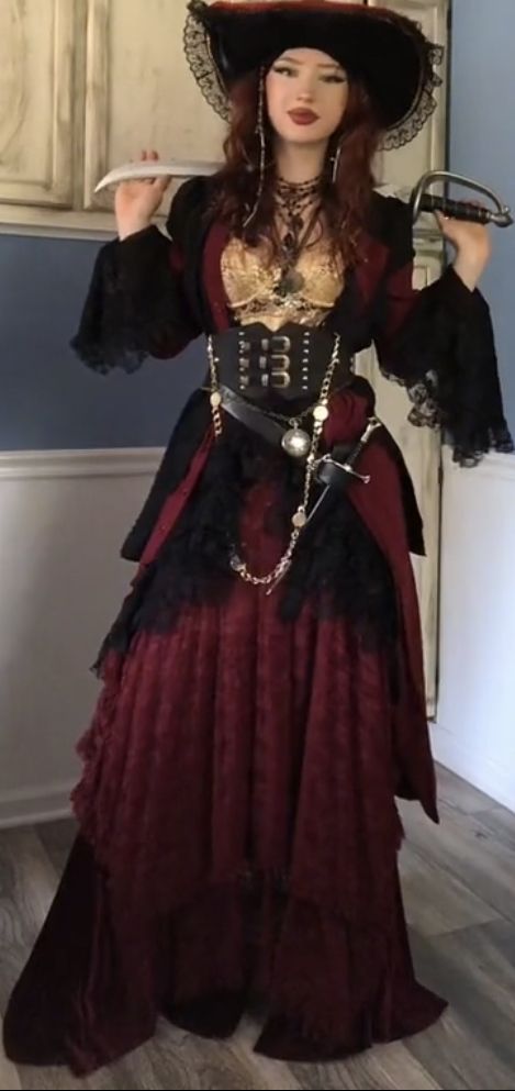 Red Pirate Dress Aesthetic, Women Pirate Cosplay, Red And Black Pirate Outfit, Black Pirate Dress, Lady Pirate Outfit, Thrifted Pirate Costume, Pirate Prom Dress, Fem Pirate Outfit, Pirate Witch Costume