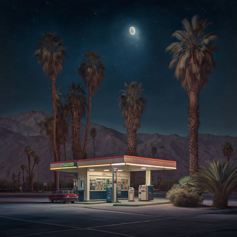 POV: You’re driving through the desert late at night, and need to stop for gas. Which gas station do you choose to fuel up… | Instagram Midnight Gas Station Aesthetic, 90s Gas Station Aesthetic, 80s Gas Station Aesthetic, 90s Gas Station, Late Night Gas Station Aesthetic, Late Night Gas Station, Gas Aesthetic, Desert Gas Station, Aesthetic Gas Station