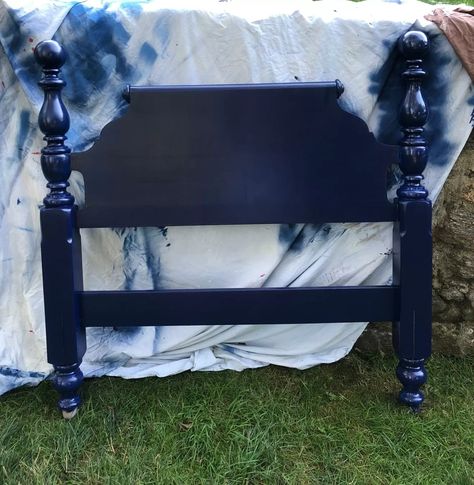 How to Paint a Bed Frame For a Durable and Stylish Finish - Kaitlin Madden Home Blogger How To Paint A Bed Frame, Wood Headboard Makeover Paint, Painted Bed Frames Ideas, Black Painted Bed, Bed Frame Paint Ideas, Navy Painted Furniture, Wooden Bed Frame Diy, Painted Bed Frames, Headboard Makeover