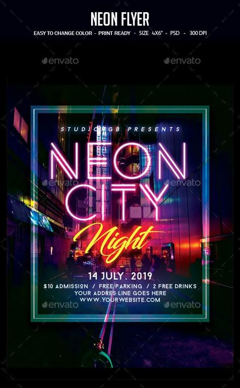 Neon Flyer by studiorgb | GraphicRiver Neon Design Poster, Party Poster Ideas, Neon Poster Design, Night Poster Design, Neon Graphic Design, Club Posters, Neon Poster, Promo Flyer, Neon City