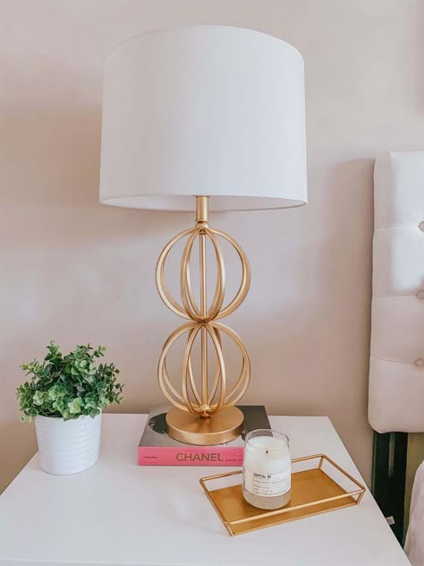 Preppy Gold Lamps, Gold Preppy Lamp, Preppy Bedroom Lamps, Preppy Lamps Gold, Gold Lamp Bedroom, Gold Bedroom Lamps, Preppy Apartment Decor Bedroom, Pink And Gold Lamps, Cute Gold Lamps