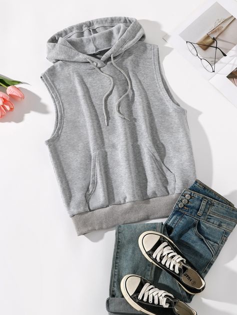 Light Grey Casual  Sleeveless Polyester Plain Pullovers  Slight Stretch Summer Women Sweatshirts Sleeveless Sweatshirt Outfit, Sleeveless Hoodie Outfit, Sleeveless Hoodie Women, Hoodie Hacks, Biker Outfits, Sleeveless Sweatshirt, Aesthetic Hoodies, Cyberpunk Clothes, Biker Outfit