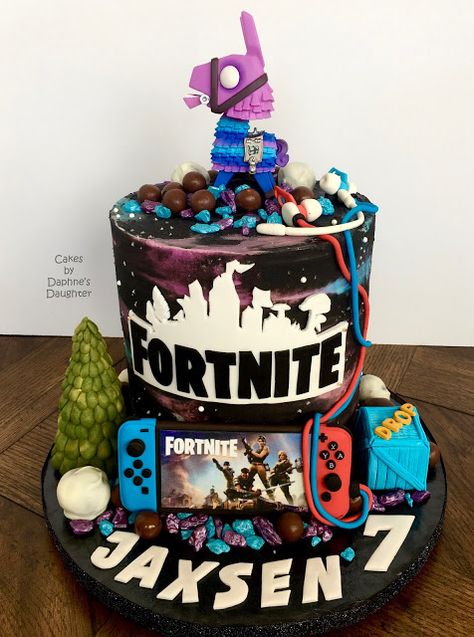 The Bake More: Galaxy Fortnite Cake with Loot Llama and Switch Controller Boys Cakes Birthday, Fortnite Birthday Cakes, Fort Night Cake For Boys, Fortnight Cakes For Boys, Fortnite Birthday Cake Ideas, Easy Fortnite Cake, Fortnite Cake For Boys, Boys Birthday Cake Ideas, Fortnite Llama Cake