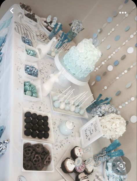 White And Grey Birthday Decorations, White And Blue Dessert Table, White And Blue Theme Party, Blue Finger Foods, Baby Shower Boy Dessert Table, White And Blue Birthday Theme, Something Blue Baby Shower Ideas, Baby Shower Sweets Table Boy, Blue And White Baby Shower Decorations