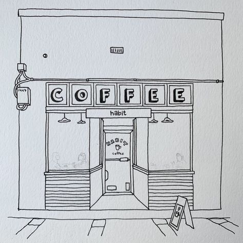 Cafe Shop Drawing Easy, Drawing Of Coffee Shop, Coffee Shop Drawing Easy, Coffee House Drawing, Art Coffee Drawing, Coffee Shop Sketch Drawings, Cafe Sketch Drawing, Coffee Shop Illustration Drawings, Cute Shop Drawing