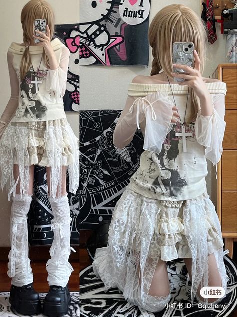 White New Rock Shoes Outfit, All White Alt Outfit, White Alt Outfit, White Goth Outfit, Cybergoth Outfits, Oc Dress, White Goth, Arte Punk, New Rock