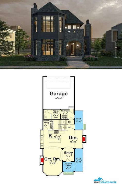 3-Bedroom Modern Two-Story Victorian Home House Plan for a Narrow Lot with Rear-Entry Garage Modern Victorian Home, Victorian House Plans, Victorian Style House, Victorian Modern, Narrow Lot House Plans, Modern Mediterranean, Garage Floor Plans, Modern Victorian, Victorian Home