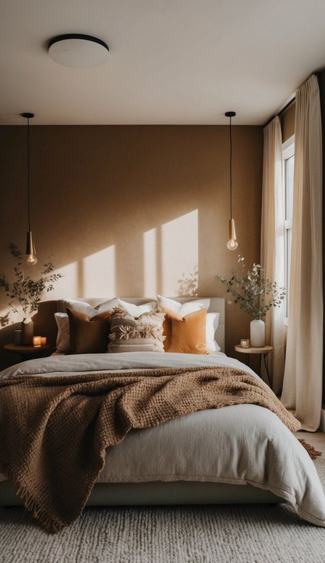 Earthy Bedroom Earth Tones, Moody Cozy Bedroom, Bedroom Earth Tones, Warm Beige Bedroom, Earth Bedroom, Earthy Modern Bedroom, Earthy Bedroom Aesthetic, Cozy Earthy Bedroom, Earth Tone Bedroom