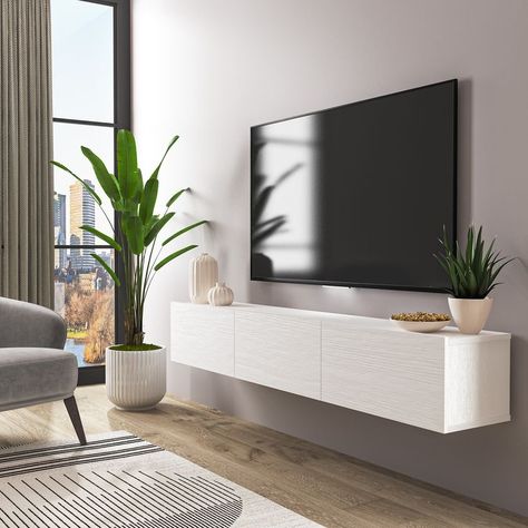 Modern sleek design for your living room.Affordable and unique !! Tv Wall Mounted, Minimalist Tv Stand, Floating Media Console, Tv Kastenwanden, Wall Mounted Media Console, Floating Entertainment Center, Tv Stand Decor, Modern Tv Wall, Floating Tv Stand