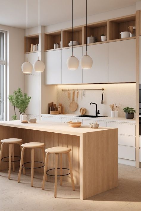 Light Wooden Kitchen, Interior Japandi, Wooden Kitchen Island, Kitchen Japandi, Japandi Kitchen Design, Japandi Furniture, Japandi Kitchen, Style Japandi, Scandi Kitchen