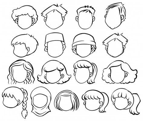 Faceless people with different hair style Free Vector Cartoon Face Template, How To Draw Cartoon Head Shapes, Cartoon Drawings Hair, Different Hair Sketches, Free Drawing Reference, Hoodie On Head Drawing, Cartoon Art Style Hair, Faces Illustration, Cartoon Art Styles Hair