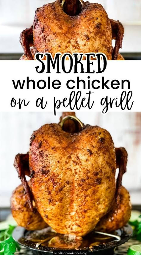 Golden-brown smoked whole chicken prepared on a pellet grill, beautifully crispy skin with tender meat, ready to be carved and served. Grilled Whole Chicken, Smoked Whole Chicken, Smoked Chicken Recipes, Whole Chicken Recipe, Smoker Ideas, Smoked Recipes, Smoker Cooking, Whole Chicken Recipes, Pellet Smoker