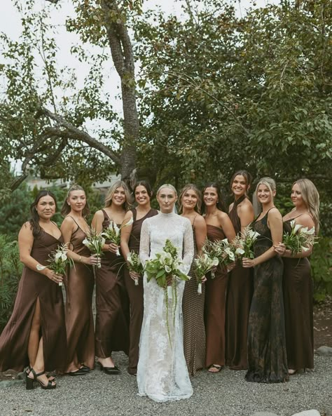 These chocolate brown bridesmaids dresses were to die for, bonus points that they matched Walter 🐶 Photography: @wildfeltphotography Venue: @manorhouseevents98110 Dress & veil: @anthropologieweddings Florals: @stocksandstems Couple: @brittymaac & @mcneil__2 Winter Themed Bridesmaid Dresses, Jungle Bridesmaid Dress, Brown Wedding Theme Bridesmaid Dress, Green Brown Bridesmaid Dresses, Fall Colors For Bridesmaid Dresses, Coffee Bridesmaid Dresses, Brown Colored Wedding, Burgundy Mismatched Bridesmaids, Black And Brown Bridesmaid Dresses