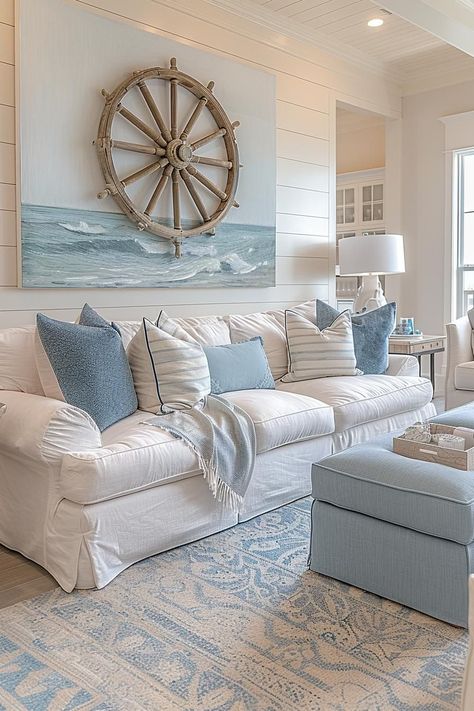 Beachy Decorating Ideas Coastal Style, Ocean Themed House, Coastal Farmhouse Living Room Decor, Beach Aesthetic Home, Beach Living Room Ideas, Beach Theme Living Room Coastal Style, Living Room Ideas Blue, Beach Themed Living Room, Blue Living Rooms