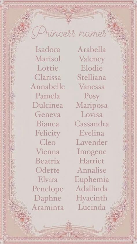 Princess girl names. Girly girl names. Feminine character names. Girly Girl Names, Princess Names, Feminine Names, Sweet Baby Names, Writing Inspiration Tips, Best Character Names, Fantasy Names, Aesthetic Names