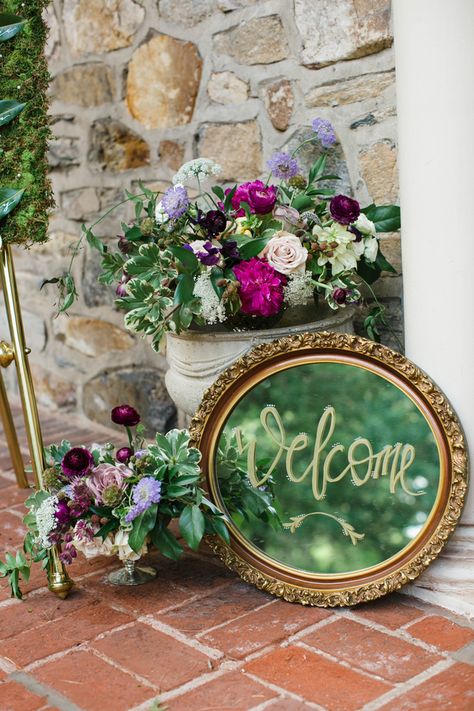 Unique welcome sign on mirror for wedding - English Garden Party Wedding Inspiration - Lauren Schwarz Photography Secret Garden Tea Party, English Garden Tea Party, English Garden Party, English Garden Ideas, Garden Wedding Centerpieces, Secret Garden Party, Garden Party Bridal Shower, Secret Garden Parties, Garden Party Ideas