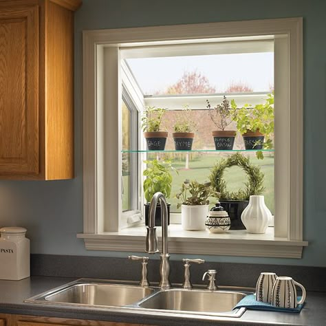 Garden Window Ideas, Kitchen Window Box, Window Over Kitchen Sink, Kitchen Garden Window, Greenhouse Window, Window Over Sink, Over Kitchen Sink, Sink Window, Kitchen Bay Window