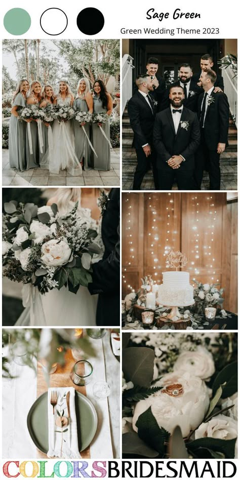 Wedding Sage Color Schemes, Olivas Adobe Wedding Ventura, Sage Green Fall Wedding Theme, Moss Green And Black Wedding, Black White Sage Wedding, Wedding Color Palette With Black, Sage Green Wedding Theme Color Palettes, Save Green Wedding, Sage Green Wedding Color Schemes