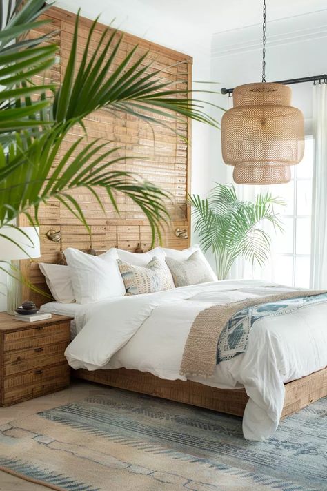 Luxury Tropical Interior, Tropical Headboard, Tropical Room Ideas Bedroom, Boho Colonial, Rattan Bedroom Ideas, Bali Room, Tropical Room Ideas, Bali Bedroom, Tropical Chic Decor