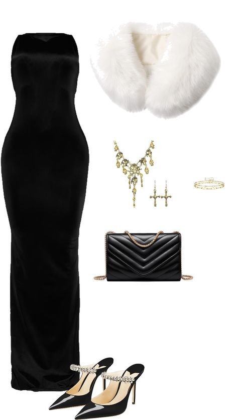 Sleeveless dress, heels, shoulder handbag, necklaces, earrings, bracelet, fur coat, mob wife outfit, mob wife aesthetic Elegant Fur Coat, Mob Princess Aesthetic, Fancy Clothes Aesthetic, Glam Winter Outfits, Russian Mob Wife Outfit, Old Hollywood Outfit Ideas Casual, Mob Wife Dress, Necklace For Off The Shoulder Dress, Mafia Wife Dress