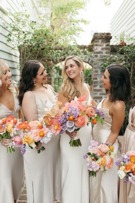 Purple And Peach Flowers, Bougainvillea Bridal Bouquet, Pink Peach Lavender Wedding, Peach And Lavender Bouquet, Spring Bridesmaids Bouquets, Pastel Bridesmaid Bouquet, Pink Orange Lavender Wedding, Bright Bridesmaids Bouquets, Colourful Wedding Flowers Bouquets