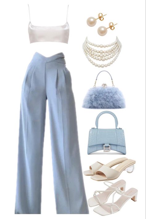 How To Style White Heeled Sandals, Dress Pants And Heels, Pearl Earring Outfit, Rich Mom Outfits Summer, Outfits With Blue Bag, Heels For Blue Dress, Blue Outfit Board, Blue Classy Outfits, White Mini Heels