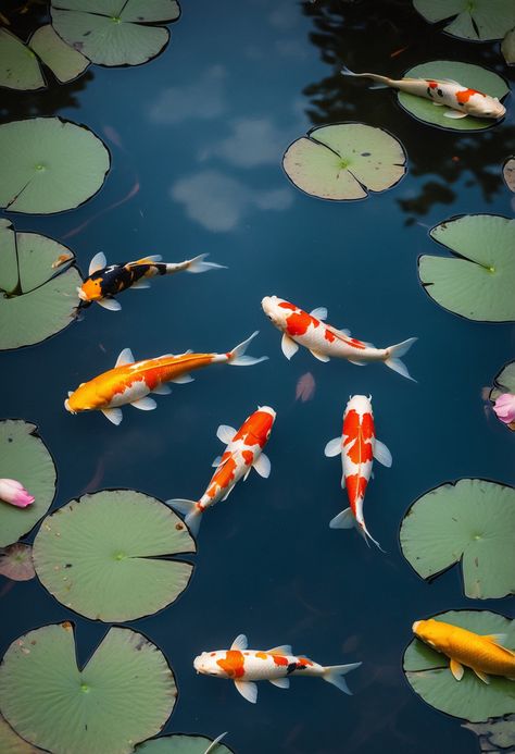 Colorful Koi Fish Swimming In A Vibrant Pond With Lotus Flowers And Lily Pads#pikbest##Photo Koi Colors, Koi Fish Lily Pads, Pond Lily, Lotus Close Up, Koi Fish Pond Photography, Koi Pond Photography, Koi Fish Reference Photo, Pond With Lily Pads, Fish In Pond