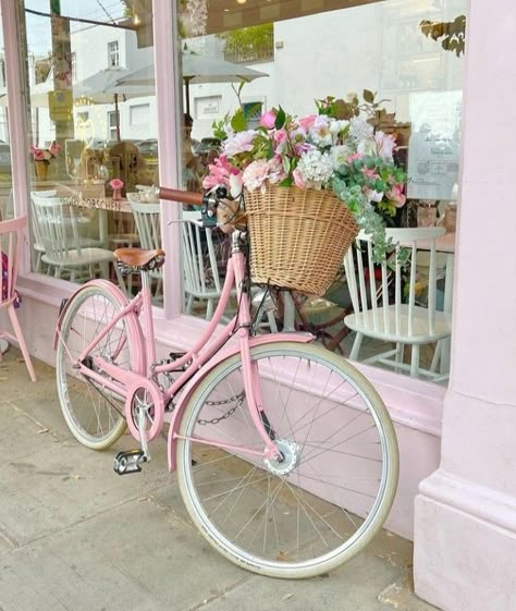 Pink Bike Aesthetic, Pink Bike With Basket, Cottagecore Bike, Annaliese Core, Pink Moped, Coastal Princess, Bike Makeover, Cute Bikes, Cascading Roses