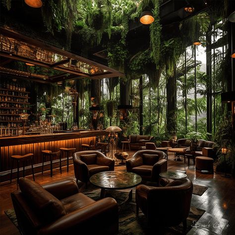 Biophilic Bar Design, Interior Design Rustic Modern, Rustic Modern Restaurant, Counter Bar Design, Rainforest Restaurant, Lounge Bar Interior, Forest Lounge, Jungle Restaurant, Forest Restaurant